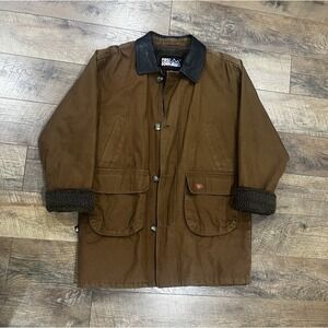 Vintage Canvas Barn Coat Sherpa Lined First Down Jacket Leather Collar Brown Med